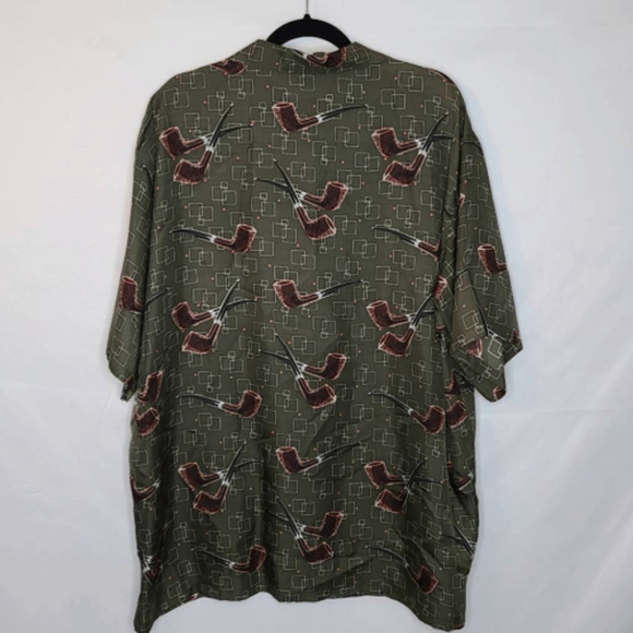 Tikibongo Men's 100% Silk Short Sleeve Collared Smoking Shirt sz XL Green - Picture 5 of 5